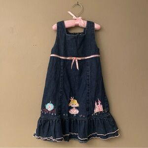 Girls 6X Denim Princess Embroidered Applique Dress Pink Ruffle Trim